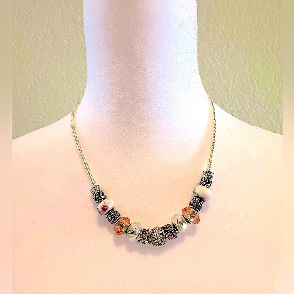 European Style Charm Necklace 18” Silver Tone Rhinestone Floral Beaded